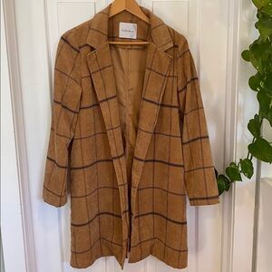YaYa & Co. Corduroy Women's Tan Plaid Jacket Mid Length Open Blazer